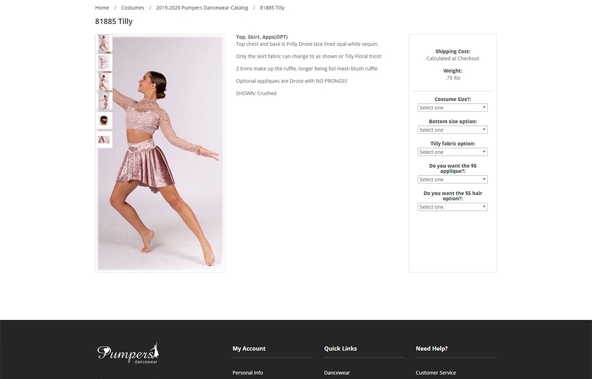 Pumpers Dancewear individual product page